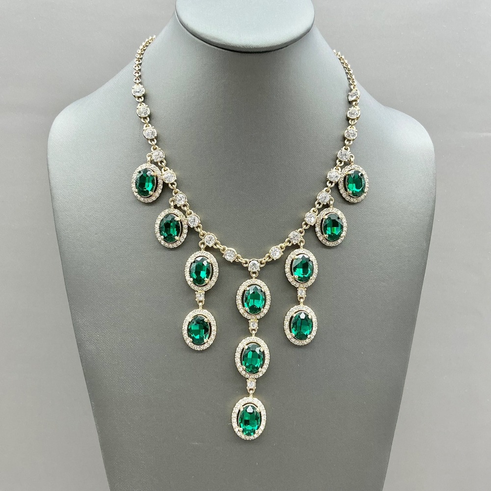 Bella Jack Necklace Green Gold Tone Emerald Cut Glass Crystal Statement Jewelry
